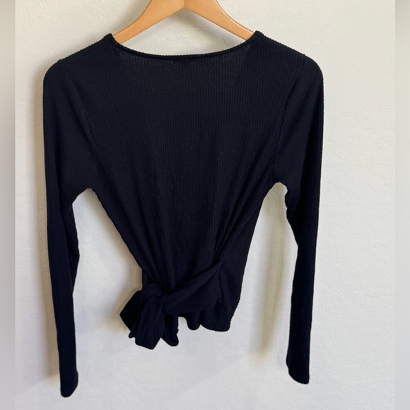 Express Black Ribbed Wrap Top with Tie, Size Medium - Picture 3 of 4